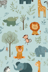 Fototapeta premium Safari animals pattern with giraffes, elephants, and lions on a light blue background. Cute cartoon jungle animals seamless pattern