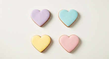Fototapeta premium Four colorful pastel heart shaped cookies arranged in grid on white background, top view flat lay. Sweet pink, yellow, blue and purple glazed biscuits for Valentine's Day or Easter dessert concept.