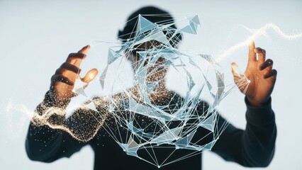 Person wearing headset manipulates glowing abstract digital structure with hands.