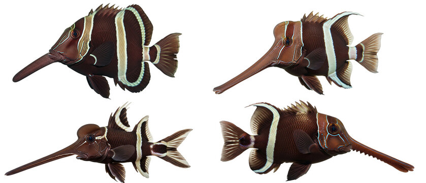 Set of four unique longsnouted boarfish isolated on a white background.
