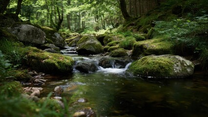 Fototapeta premium Stream flowing through lush green forest