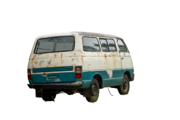 Three quarter rear view of a rusty abandoned vintage van with peeling white and teal paint, isolated on white background