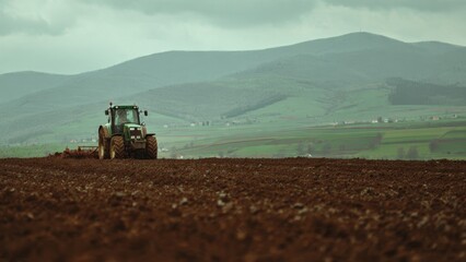 Obraz premium Tractor plowing field in rural landscape