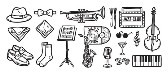 Set of hand-drawn jazz music icons featuring musical instruments, vintage clothing, and classic accessories in a black and white doodle style for a retro concert or club theme