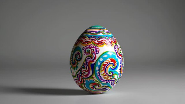 Colorful decorated Easter egg with intricate patterns rotating on a plain background for holiday design or festive celebration