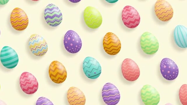 Background animation of colorful decorative Easter eggs with various patterns floating on a light background. Celebration for holiday.