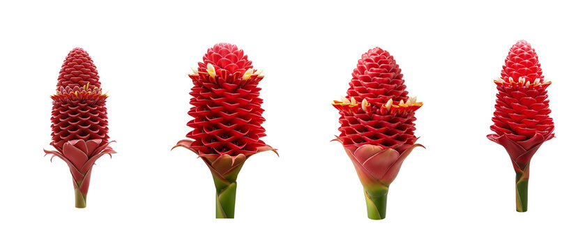 Set of four vibrant red ginger lily flowers isolated on a white background.