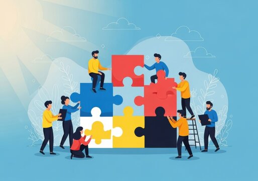 Diverse group of people working together to assemble a giant jigsaw puzzle on a blue background with clouds - Powered by Adobe