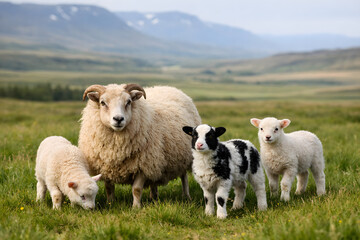 Fototapeta premium Ultra-realistic wildlife photo of Icelandic sheep with playful lambs grazing in a lush Icelandic early summer landscape, natural light, detailed wool, peaceful countryside scene.