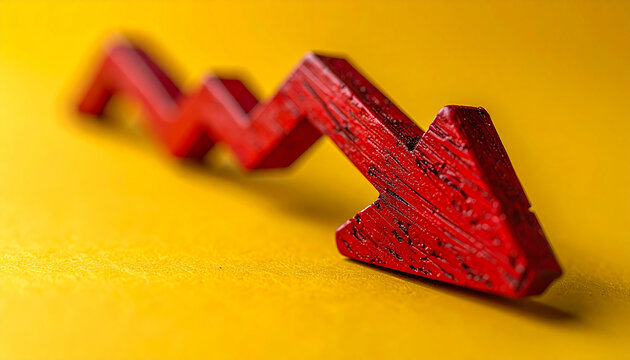 Red wooden arrow pointing downward, yellow backdrop. Economic downturn, business, market decline