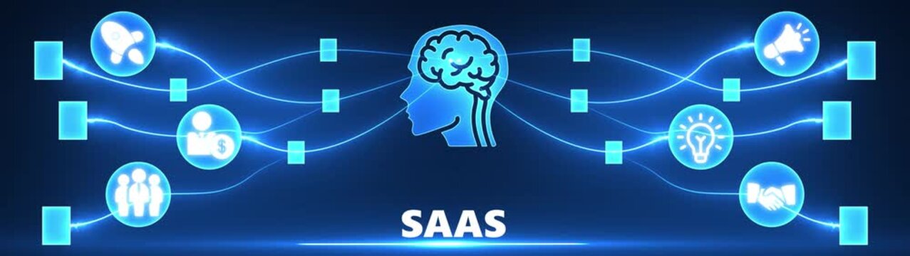 Digital network connecting brain icon to SAAS text with business icons and glowing blue lines SAAS software as a service
 