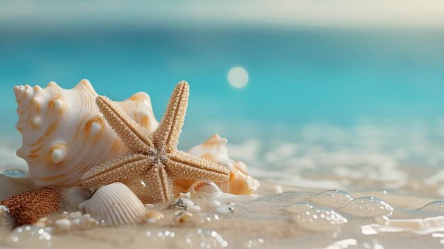Starfish and seashells on sandy beach with soft ocean waves and sparkling water in the background creating a calm summer seaside mood