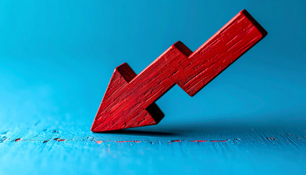 Red wooden arrow pointing downward, blue backdrop. Economic downturn, business, market decline