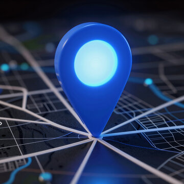 Futuristic digital map with a glowing blue pin marking location
