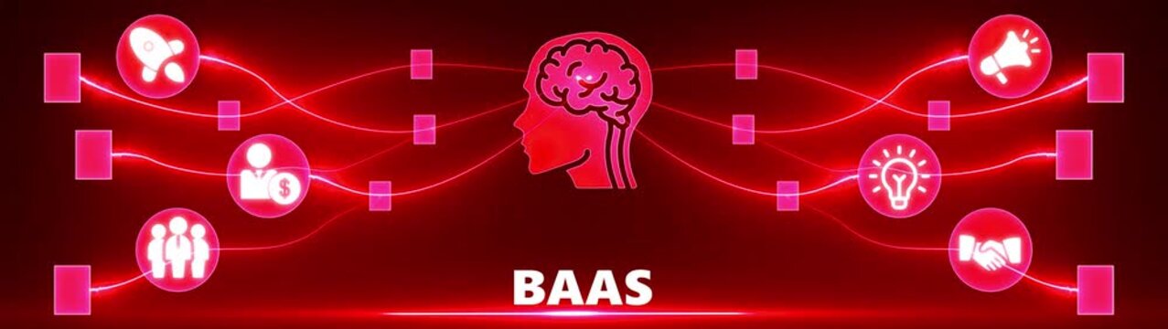 Red glowing network connecting icons of business and technology to a central human brain silhouette with the word BAS