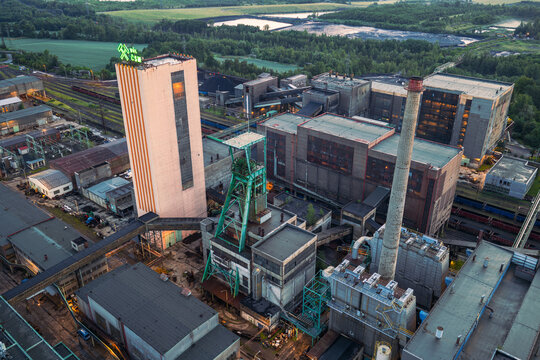 Aerial view of the CSM Sever black coal mine in Stonava, owned by OKD, in the morning, featuring iconic mine infrastructure.