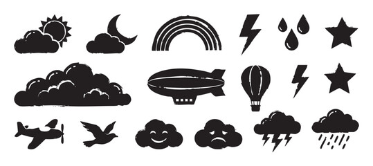 Obraz premium Collection of black grunge style weather and sky icons including sun, moon, clouds, rainbow, airplane, and hot air balloon in a hand-drawn stamp effect illustration
