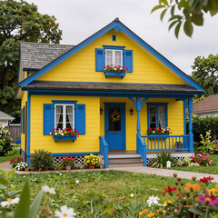 A yellow-blue house with a front garden