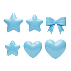Obraz premium Six glossy, soft pastel blue 3D rendered stars, bows, and hearts arranged on a transparent seamless studio background, casting subtle shadows, sweet festive decoration concept