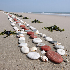 Harmonious arrangement of white and red stones on eroding beach