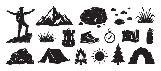 Collection of black hiking and camping icons with a distressed, stamp-like texture, featuring a hiker, mountain, tent, campfire, backpack, and other outdoor adventure symbols