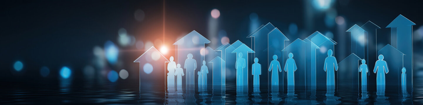 Ascending transparent house shapes with human silhouettes showing population growth trajectory.
