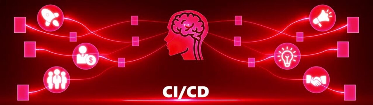 Red glowing network connecting icons of business and technology to a central human brain silhouette with the text CI/ CD