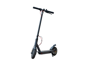 Three quarter front view of a black electric kick scooter for urban commuting, isolated on white background © Jakub Sisulak