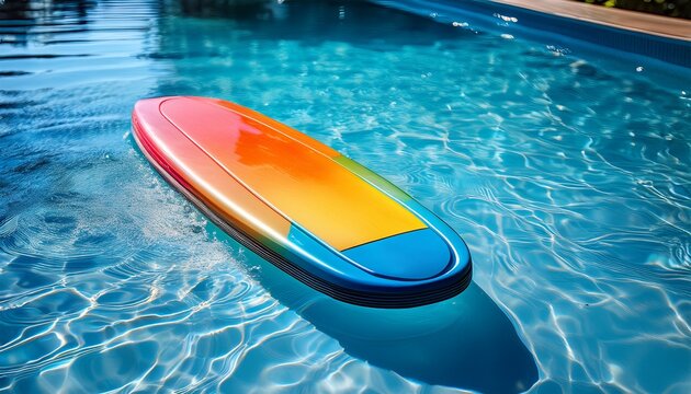 a colorful kickboard gently floating on the sparkling blue surface of a swimming pool capturing a bright and refreshing summer vibe