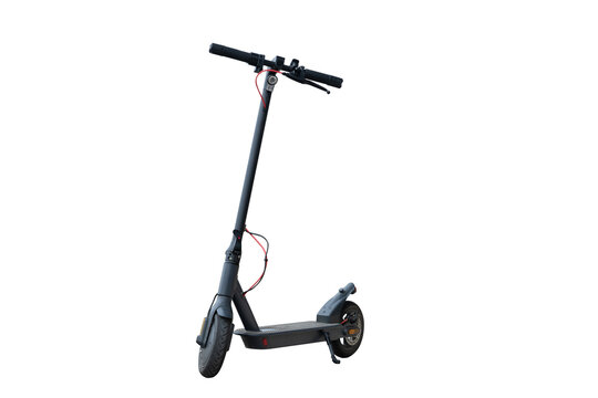 Three quarter front view of a black electric kick scooter for urban commuting, isolated on white background