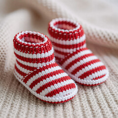 Red and white striped baby booties on a cozy knitted blanket for keeping tiny toes warm