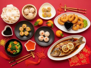 Assorted chinese food dishes on red tablecloth isolated on white background