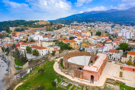 Roman Odeon, Amphitheater of Patras, Greece. An ancient Roman amphitheater in Patras, beautifully restored and used today for concerts and cultural events. Its stone seating and classical architecture