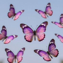 A captivating painting showcases graceful butterflies in pink and purple against a serene sky backdrop