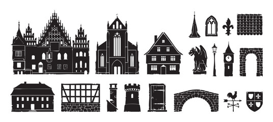 Obraz premium Set of black medieval architectural element silhouettes featuring a gothic church, town hall, half-timbered house, stone bridge, gargoyle, and other historic old town icons