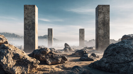 Mysterious tall stone pillars rising from a rocky desert landscape with distant mountains shrouded in mist under a soft cloudy sky