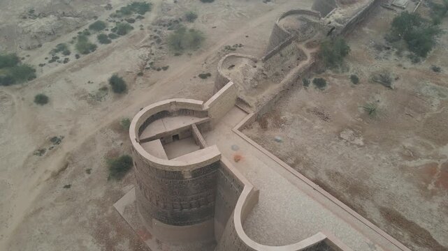 A top-down aerial shot of Derawar Fort's one of the forty bastions. Fort is undergoing massive rehabilitation and restoration. 4K Drone Video