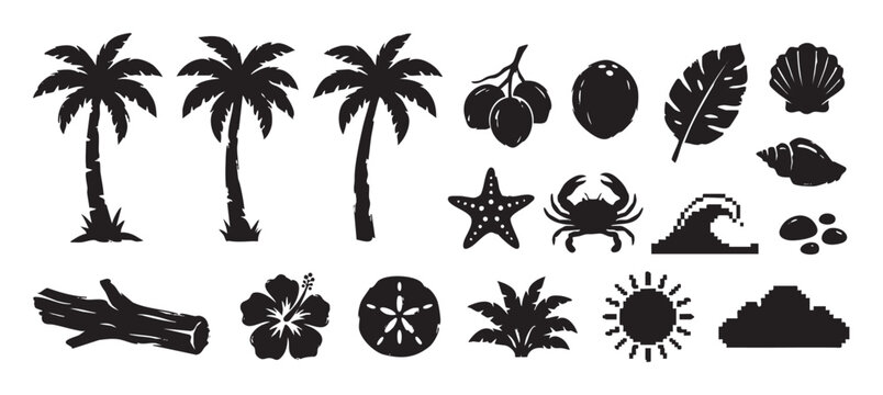 Collection of black tropical beach silhouettes featuring palm trees, a crab, seashells, and a hibiscus flower in a graphic stamp and pixel art illustration style