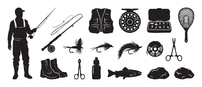 Black silhouette icon set of fly fishing gear and equipment including a fisherman, rod, reel, lures, vest, and trout for outdoor sport and recreation