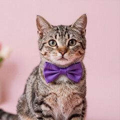 Portrait of a formal tabby kitten wearing a purple bow tie