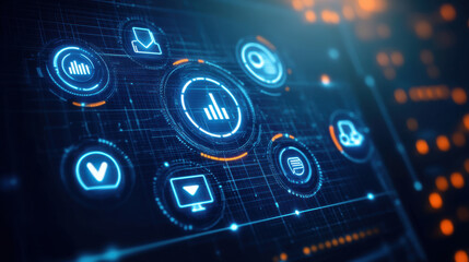 A futuristic digital interface with glowing blue and orange icons and graphs