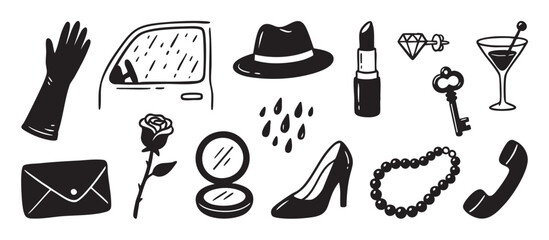 Collection of black and white hand-drawn noir icons including a fedora, lipstick, high heel, and cocktail, representing a mystery or detective story in a retro graphic style