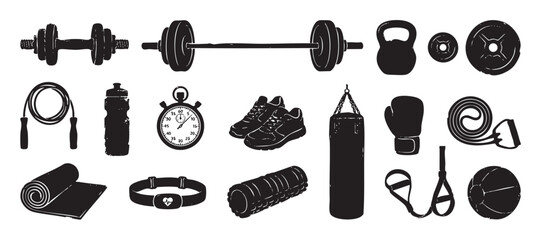 Obraz premium Collection of black fitness equipment icons including a dumbbell, barbell, kettlebell, and punching bag, illustrated in a distressed, hand-drawn grunge style for workout concepts