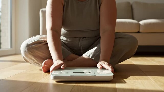 Plus size individual sits cross-legged on wooden floor holding a digital scale. Sunlight streams into the living room, highlighting the focus on weight management, diet, and personal health goals.