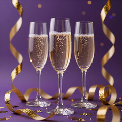 Digital art showcases a festive New Year's Eve celebration with detailed champagne glasses surrounded by golden confetti, glittering ribbons and purple bokeh lights