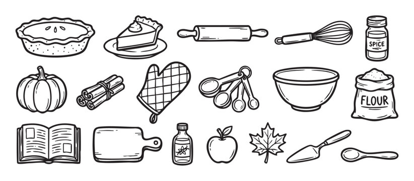 Set of hand-drawn baking icons for autumn pie includes a pumpkin, flour, spices, rolling pin, and other kitchen utensils in a black and white doodle style illustration