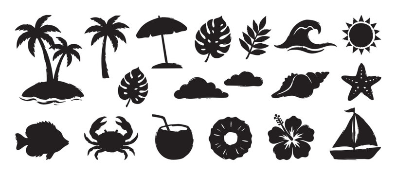 Collection of black summer beach silhouettes featuring a palm tree, sun, wave, crab, and other tropical elements in a grunge, hand-drawn brush stroke vector illustration style