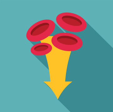 Red blood cells flowing down a yellow arrow, symbolizing a decrease in blood count