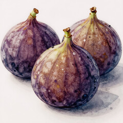 Stunning watercolor portrait of ripe purple figs with smooth textures and gentle shading, perfect for botanical themes, gourmet food illustrations, or elegant natural product art