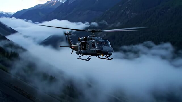 Military transport helicopter flying through foggy mountainous valley during a low-light mission or rescue operation.